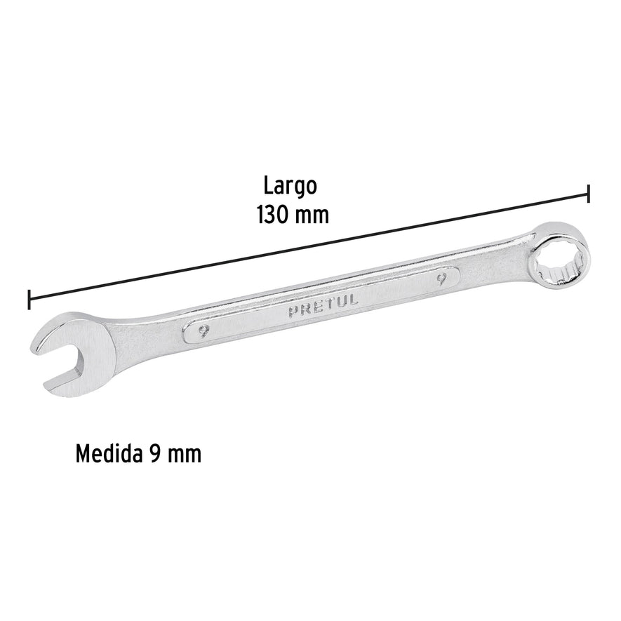 Llave combinada 9 mm x 130 mm de largo, Pretul Caja con 12, 21903