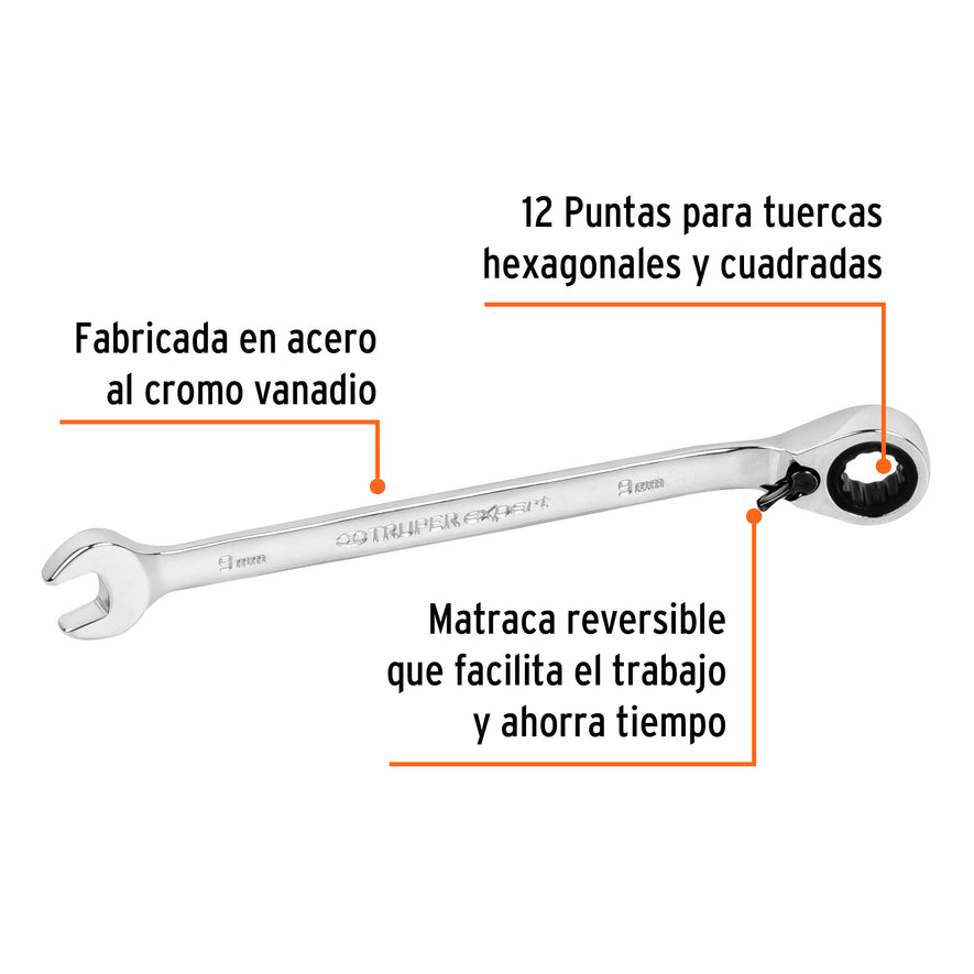 Llave combinada matraca reversible 9 mmx148 mm largo, Expert Caja con 3, 13662