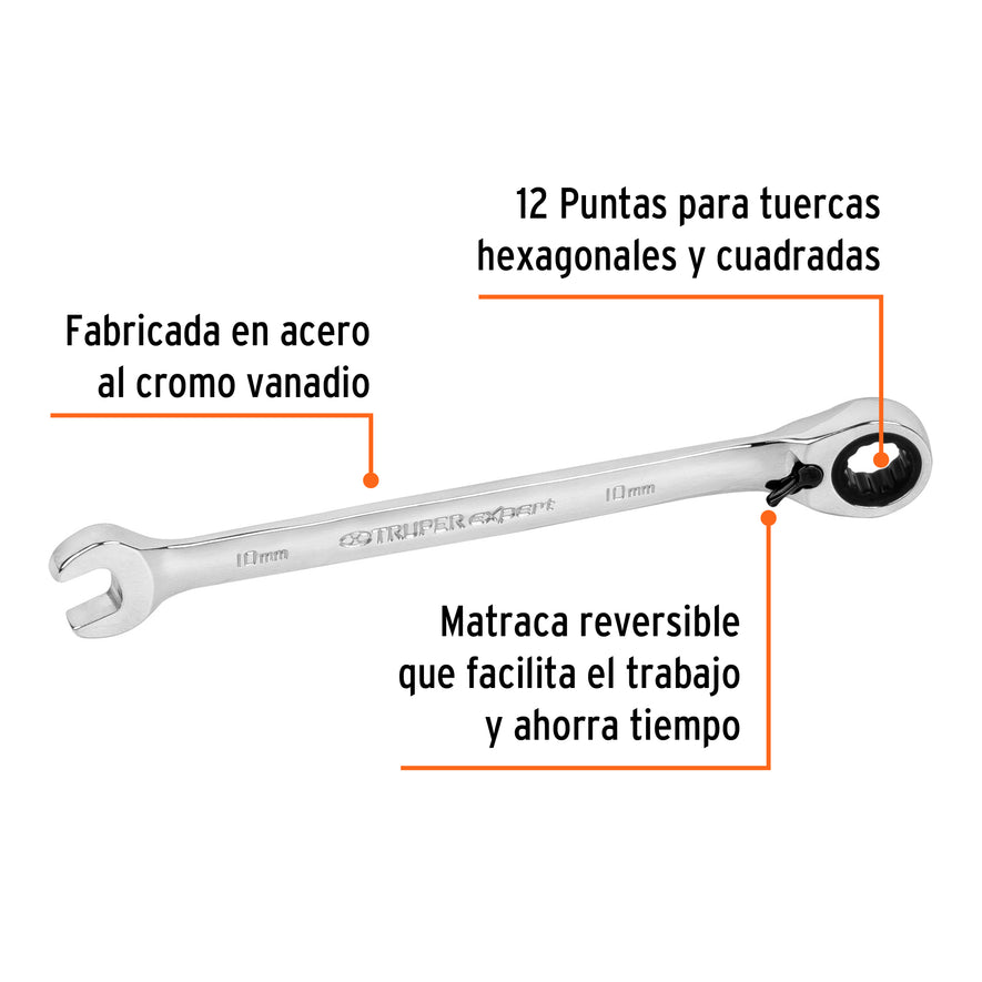 Llave combinada matraca reversible 10mmx154 mm largo, Expert Caja con 3, 13664