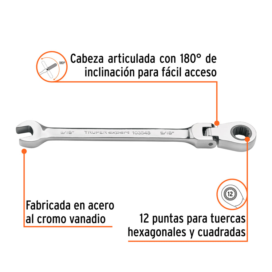 Llave combinada con matraca 5/16' flexible, Expert Caja con 3, 103545