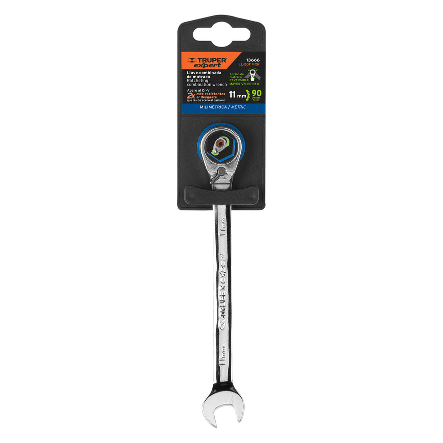 Llave combinada matraca reversible 11mmx160 mm largo, Expert Caja con 3, 13666