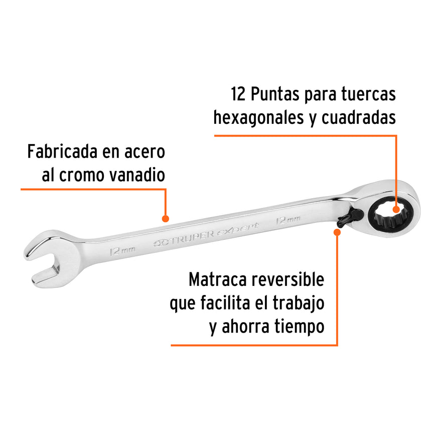 Llave combinada matraca reversible 12mmx168 mm largo, Expert Caja con 3, 13668