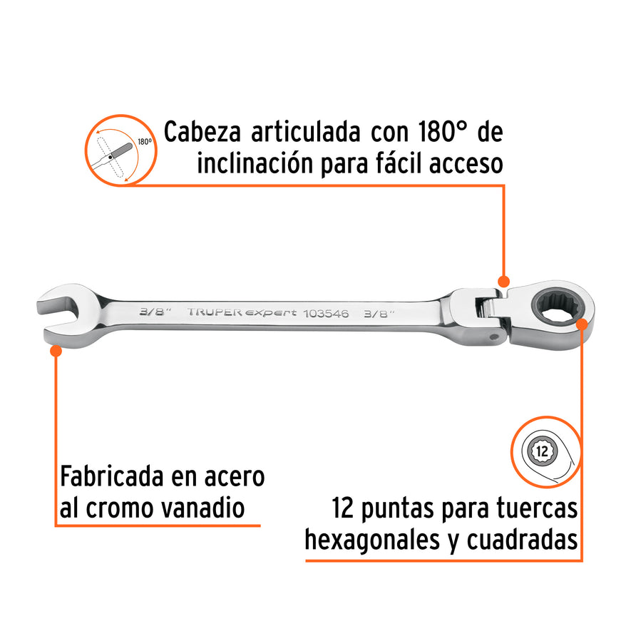 Llave combinada con matraca 3/8' flexible, Expert Caja con 3, 103546