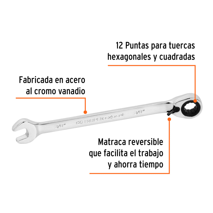 Llave combinada matraca reversible 3/8'x158 mm largo, Expert Caja con 3, 13425