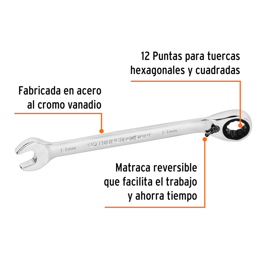 Llave combinada matraca reversible 13mmx178 mm largo, Expert Caja con 3, 13692