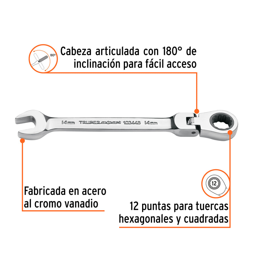 Llave combinada con matraca 14 mm flexible, Expert Caja con 3, 103448