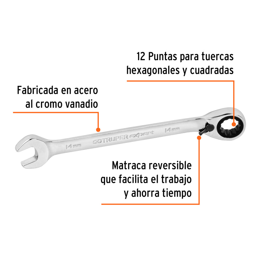 Llave combinada matraca reversible 14mmx188 mm largo, Expert Caja con 3, 13699
