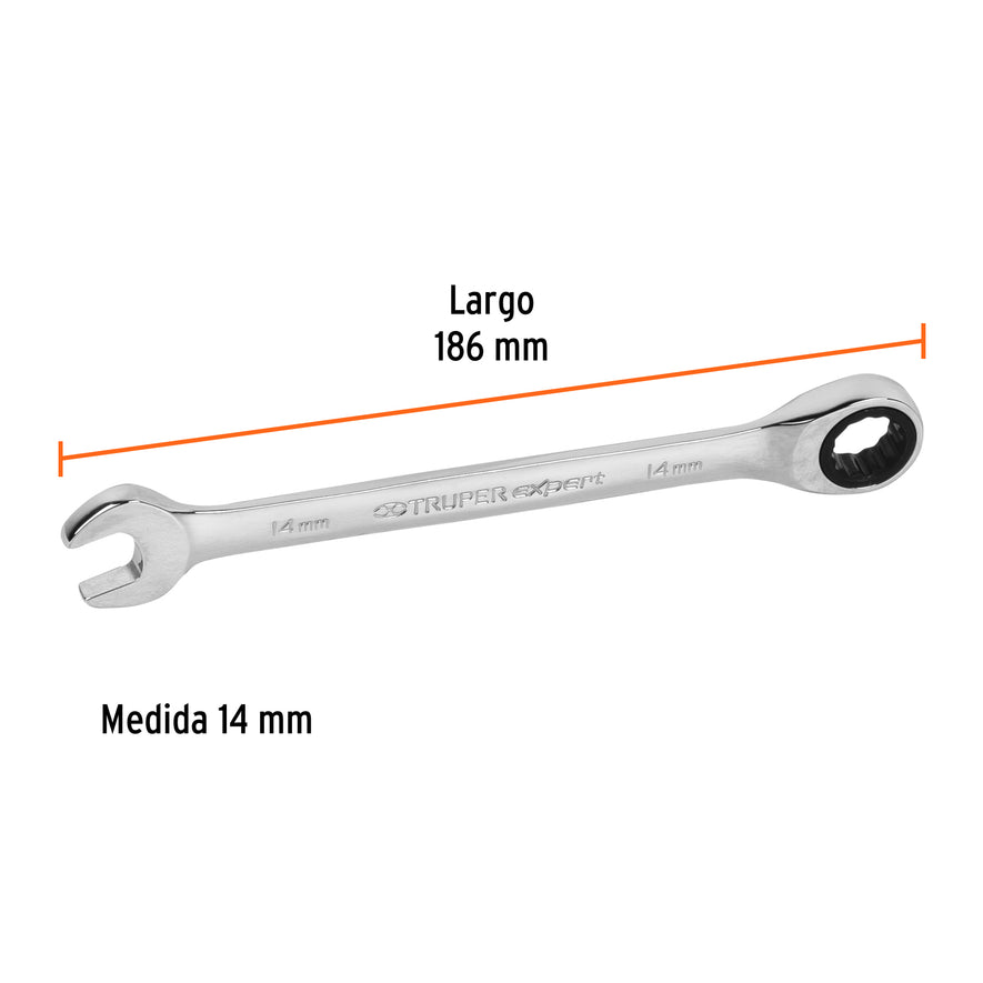 Llave combinada con matraca 14 mm x 186 mm largo, Expert Caja con 3, 15746