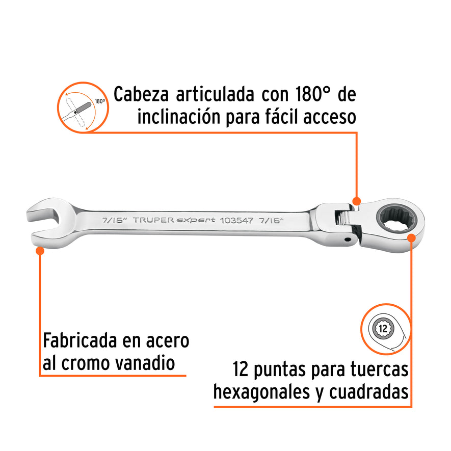 Llave combinada con matraca 7/16' flexible, Expert Caja con 3, 103547
