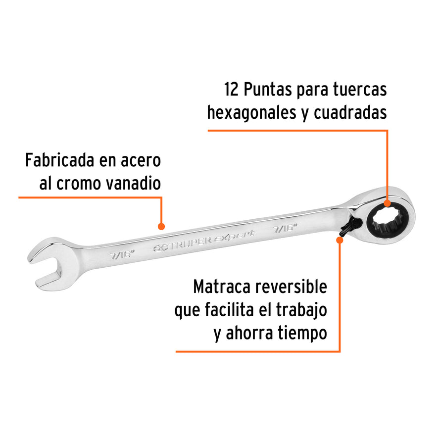 Llave combinada matraca reversible 7/16'x163 mm largo,Expert Caja con 3, 13429