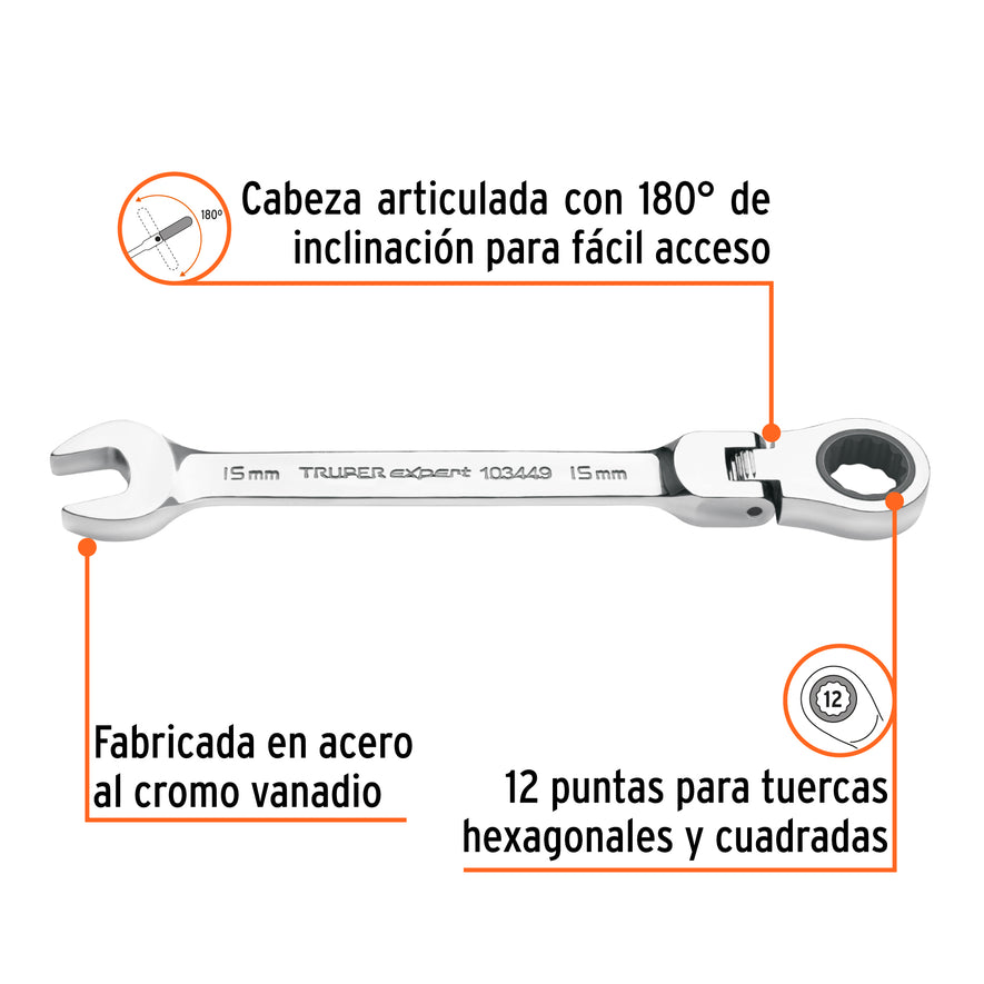 Llave combinada con matraca 15 mm flexible, Expert Caja con 3, 103449