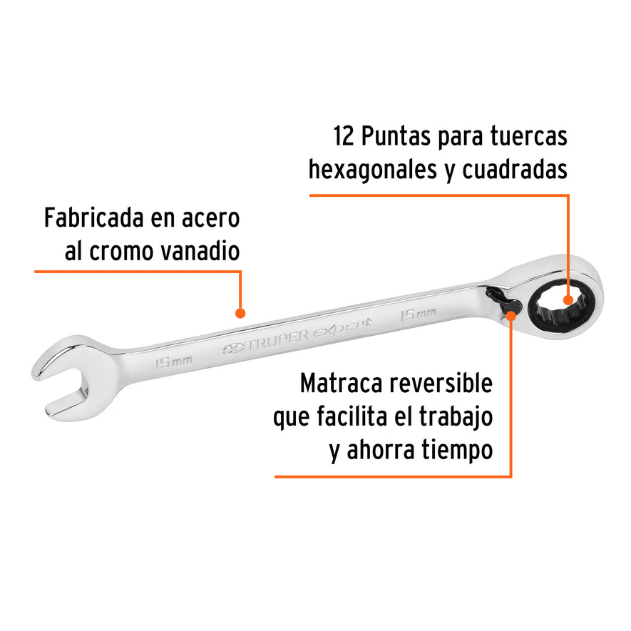 Llave combinada matraca reversible 15mmx198 mm largo, Expert Caja con 3, 13711