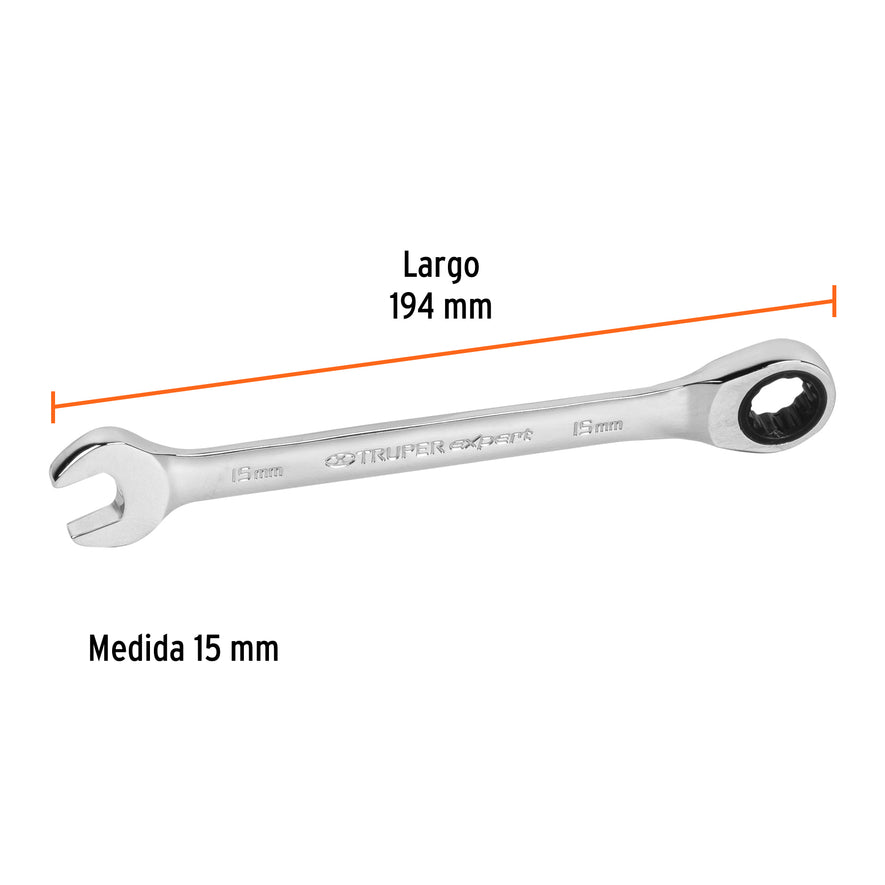 Llave combinada con matraca 15 mm x 194 mm largo, Expert Caja con 3, 15747