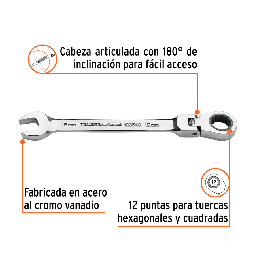 Llave combinada con matraca 16 mm flexible, Expert Caja con 3, 103540