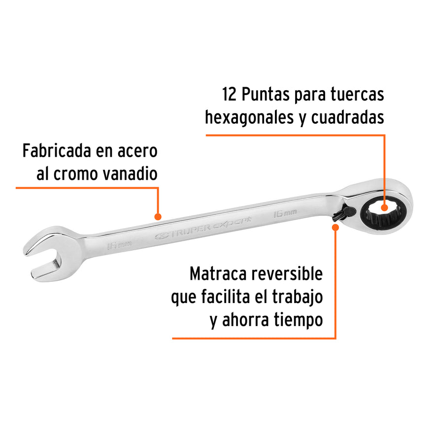 Llave combinada matraca reversible 16mmx205 mm largo, Expert Caja con 3, 13727