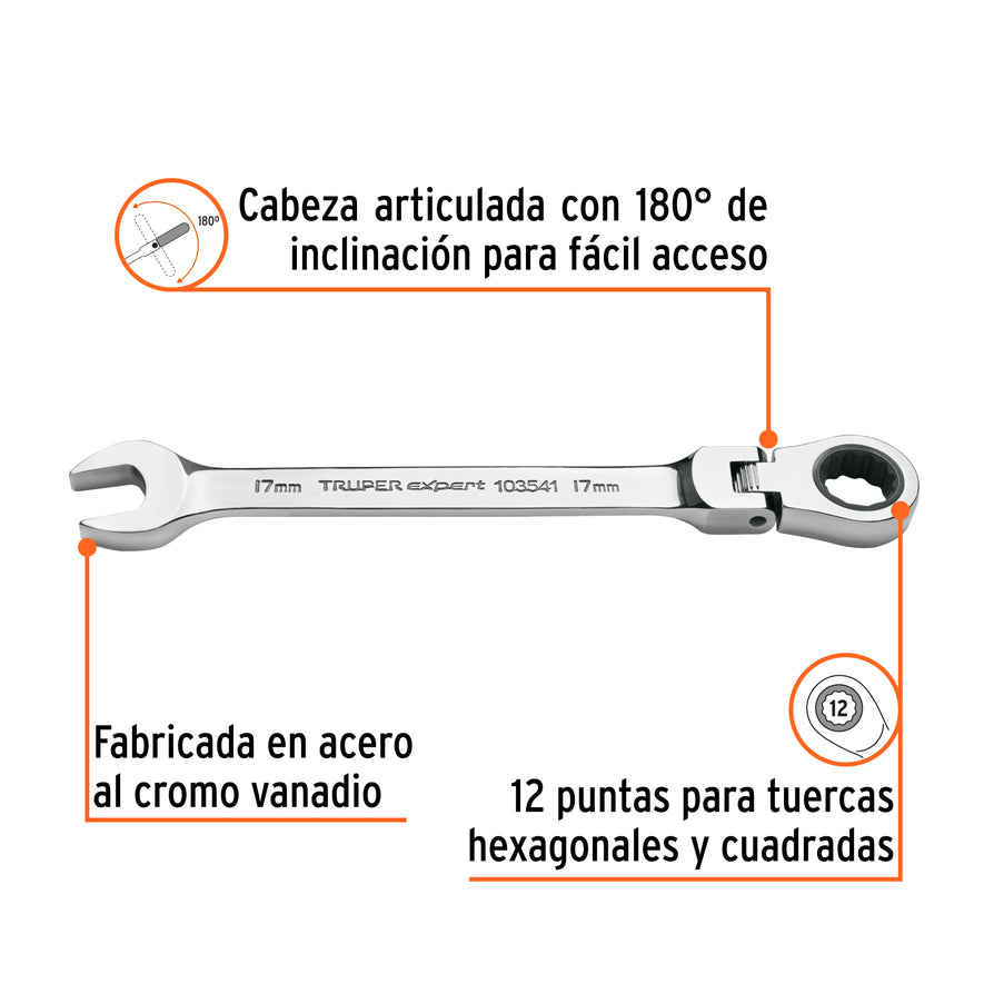 Llave combinada con matraca 17 mm flexible, Expert Caja con 3, 103541