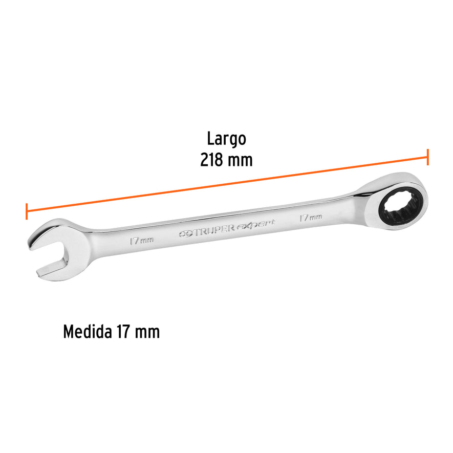 Llave combinada con matraca 17 mm x 218 mm largo, Expert Caja con 3, 13622