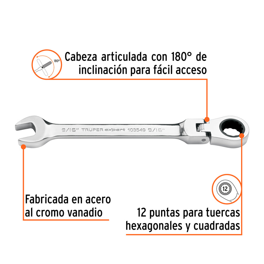 Llave combinada con matraca 9/16' flexible, Expert Caja con 3, 103549
