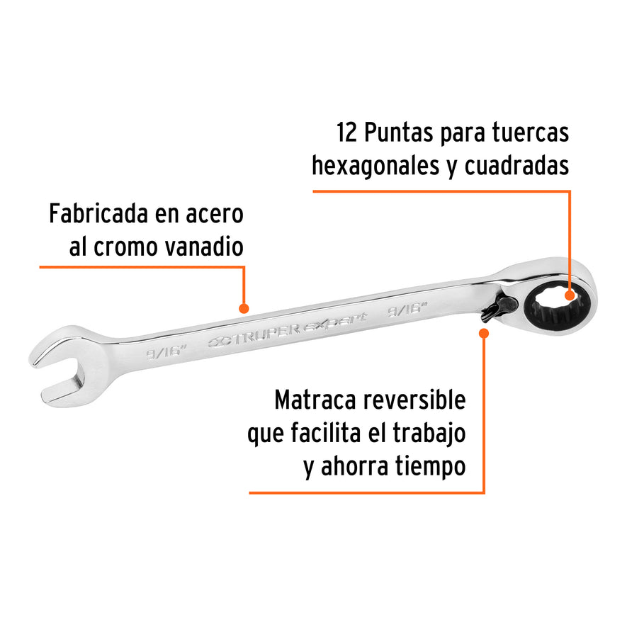 Llave combinada matraca reversible 9/16'x188 mm largo,Expert Caja con 3, 13548