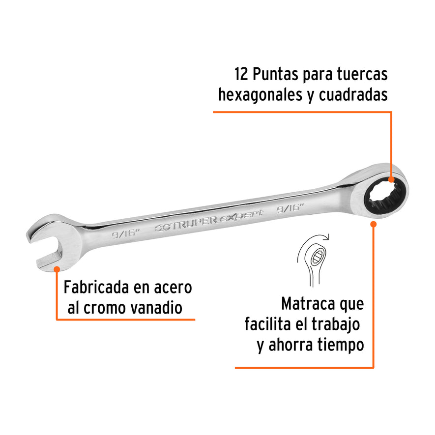 Llave combinada con matraca 9/16' x 185 mm largo, Expert Caja con 3, 15739