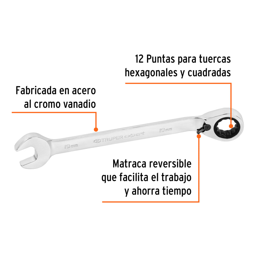 Llave combinada matraca reversible 19mmx241 mm largo, Expert Caja con 3, 13756