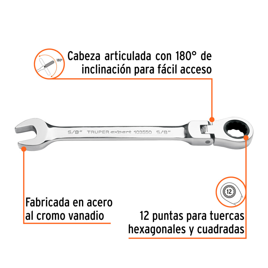 Llave combinada con matraca 5/8' flexible, Expert Caja con 3, 103550