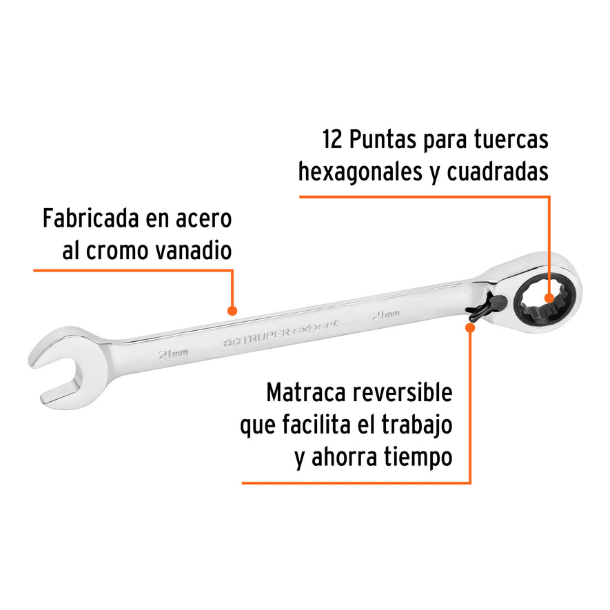Llave combinada matraca reversible 21mmx288 mm largo, Expert Caja con 3, 13758