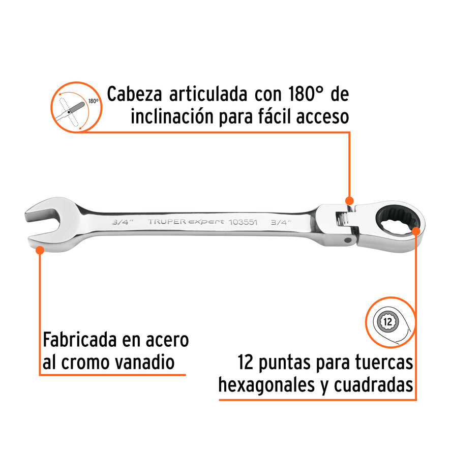 Llave combinada con matraca 3/4' flexible, Expert Caja con 3, 103551
