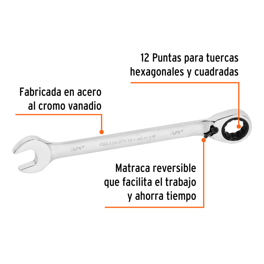 Llave combinada matraca reversible 3/4'x242 mm largo, Expert Caja con 3, 13551