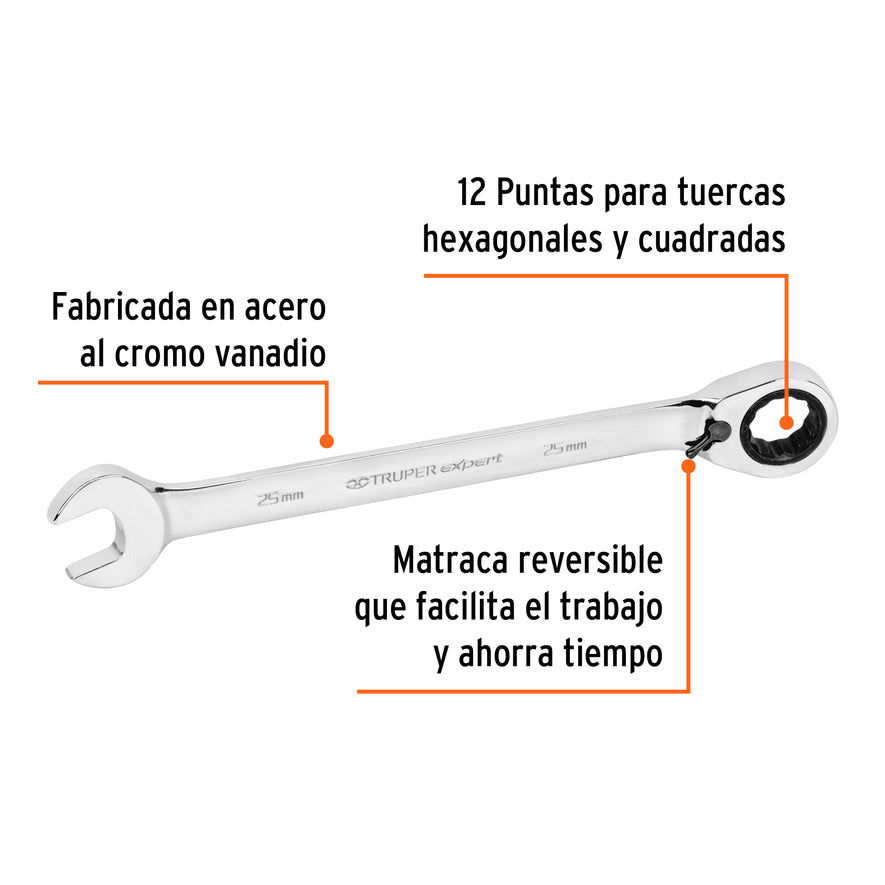 Llave combinada matraca reversible 25mmx328 mm largo, Expert Caja con 3, 13769