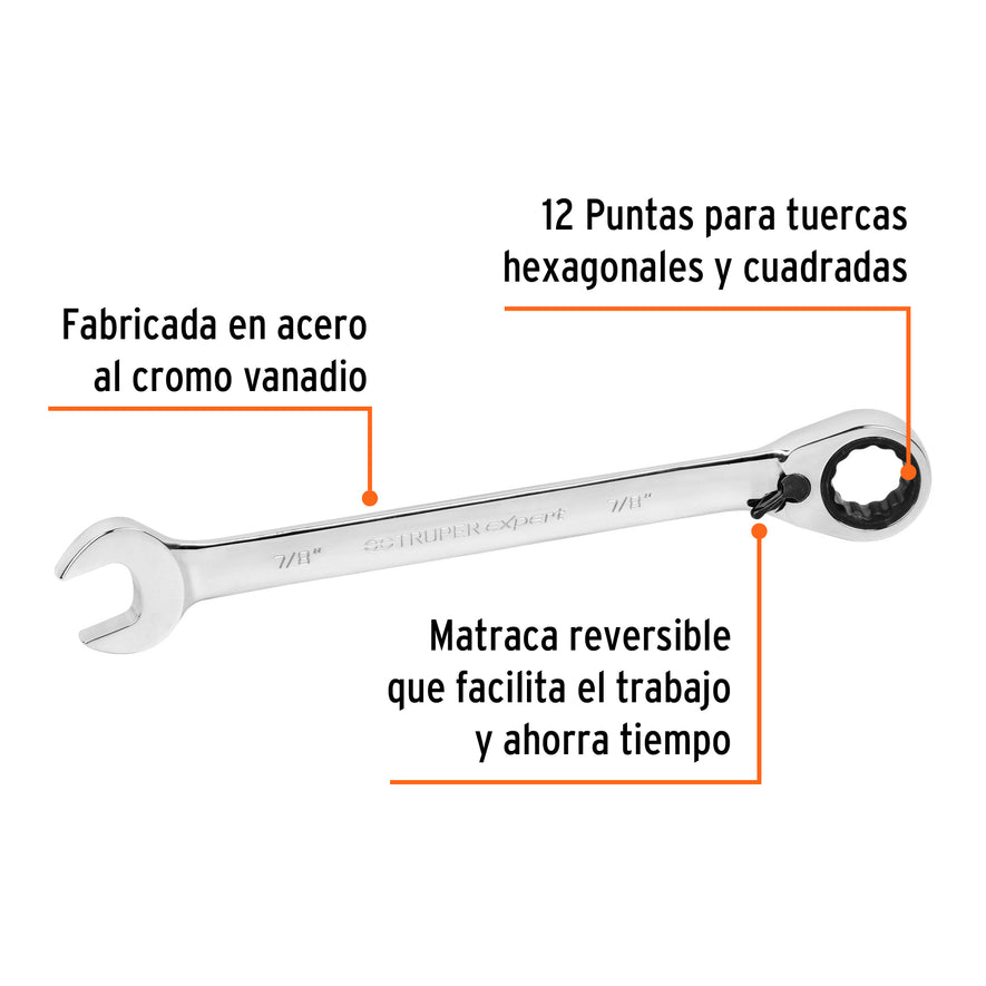 Llave combinada matraca reversible 7/8'x288 mm largo, Expert Caja con 3, 13600