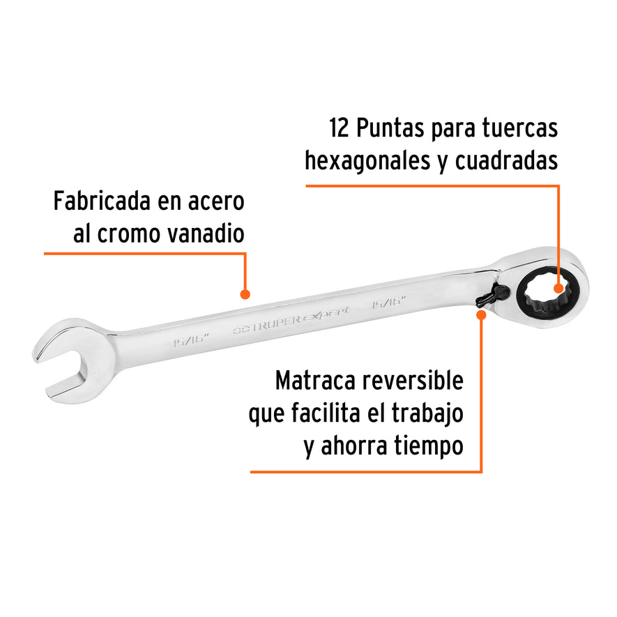 Llave combinada matraca reversible 15/16'x332mm largo,Expert Caja con 3, 13648