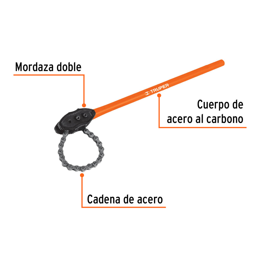 Llave de cadena tipo caimán uso pesado, mango de 28', Truper, 13140
