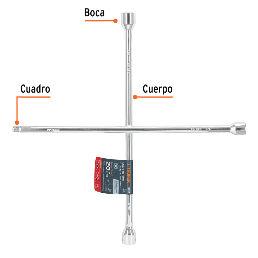 Llave de cruz 20' pulida y cromada con entrada cuadro 1/2' Caja con 3, 18024