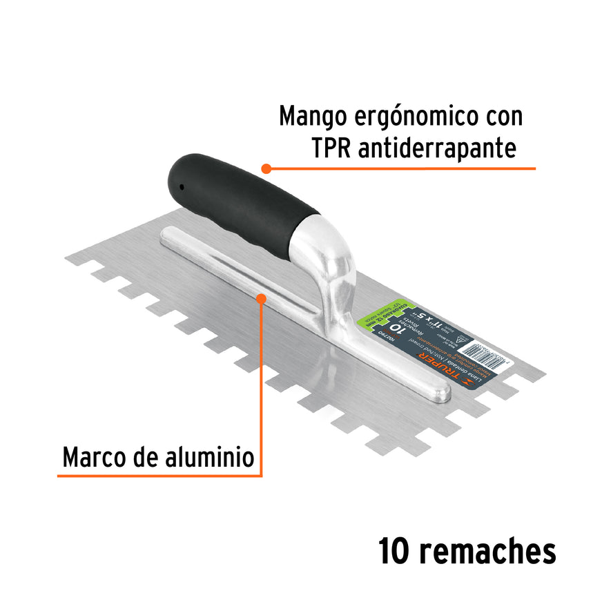 Llana 11' dentado cuadrado 1/2', 10 remaches, mango comfort Caja con 6, 102790