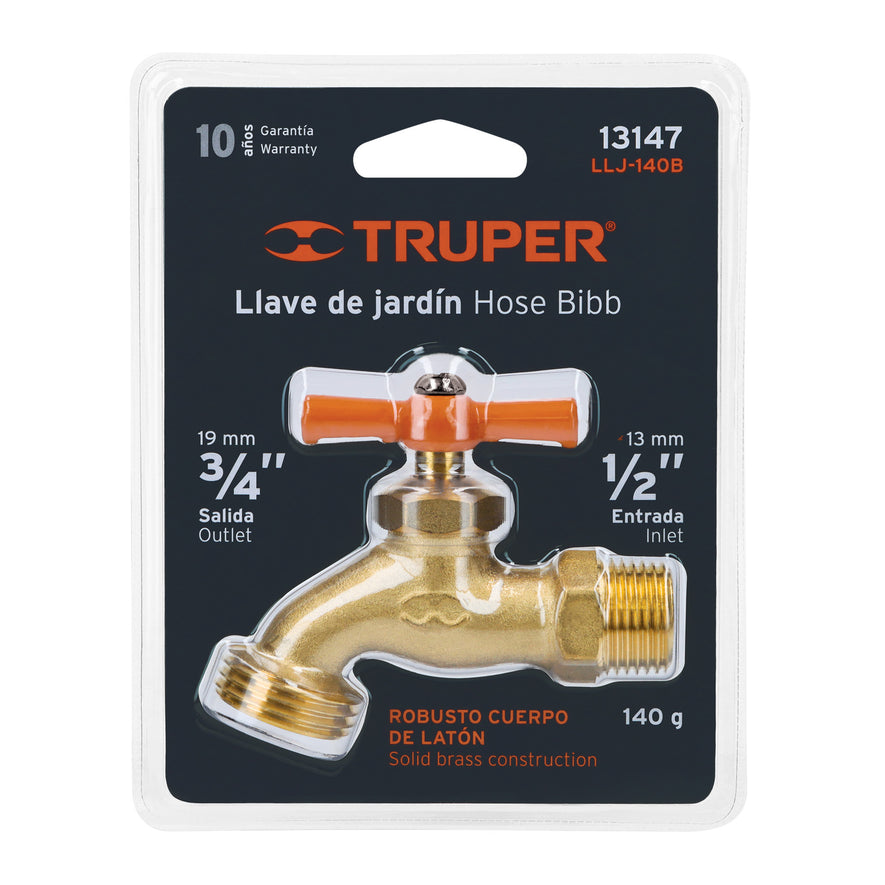 Llave p/manguera, de latón 140g, 1/2', blíster, TRUPER Caja con 6, 13147