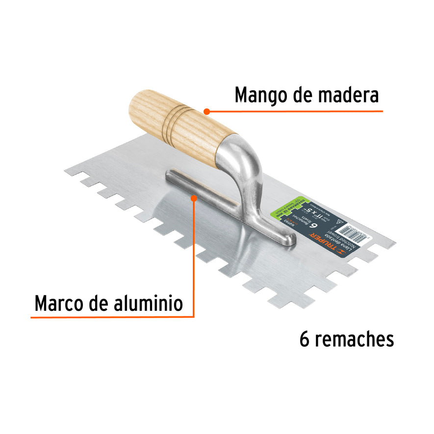 Llana 11' dentado cuadrado 1/2', 6 remaches, mgo madera Caja con 6, 102703