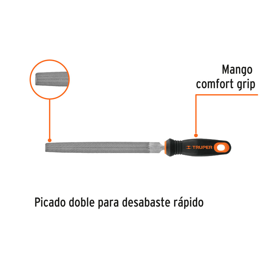 Lima media caña bastarda 8' mango doble inyección, Truper Caja con 6, 15318