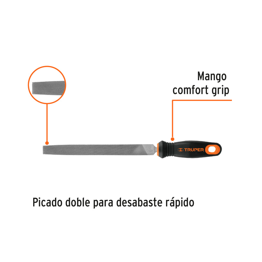 Lima plana bastarda 8' con mango doble inyección, Truper Caja con 6, 15311