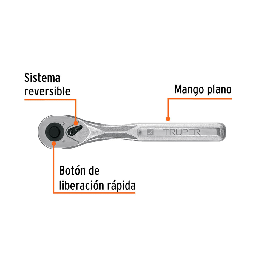 Matraca liberación rápida 72 dientes, cuadro 1/4', Truper Caja con 3, 102369