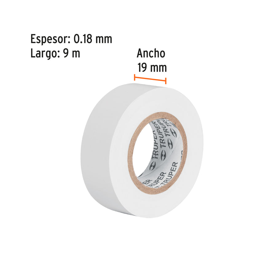 Cinta de aislar de 9 m x 19 mm, blanca, Truper Caja con 8, 13515
