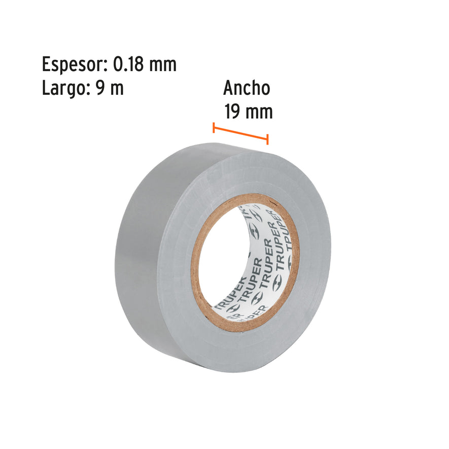 Cinta de aislar de 9 m x 19 mm, gris, Truper Caja con 8, 13516