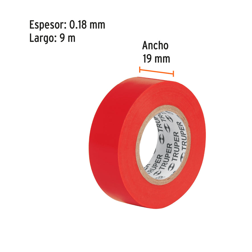 Cinta de aislar de 9 m x 19 mm, roja, Truper Caja con 8, 13513