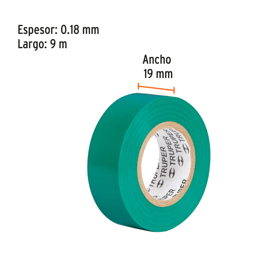 Cinta de aislar de 9 m x 19 mm, verde, Truper Caja con 8, 13511