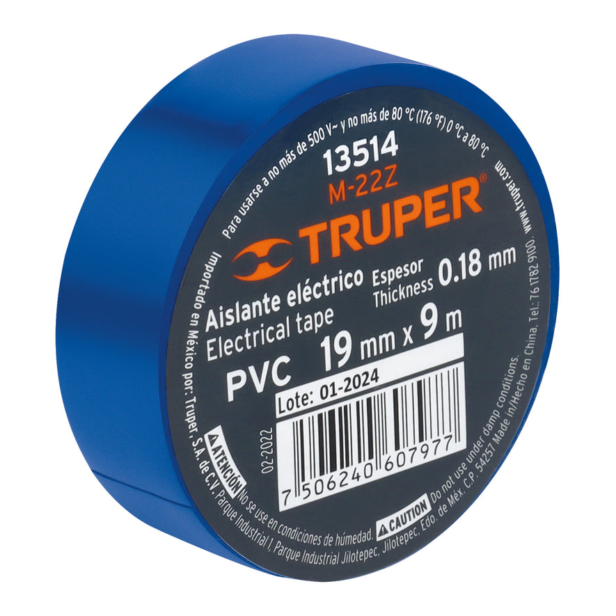 Cinta de aislar de 9 m x 19 mm, azul, Truper Caja con 8, 13514