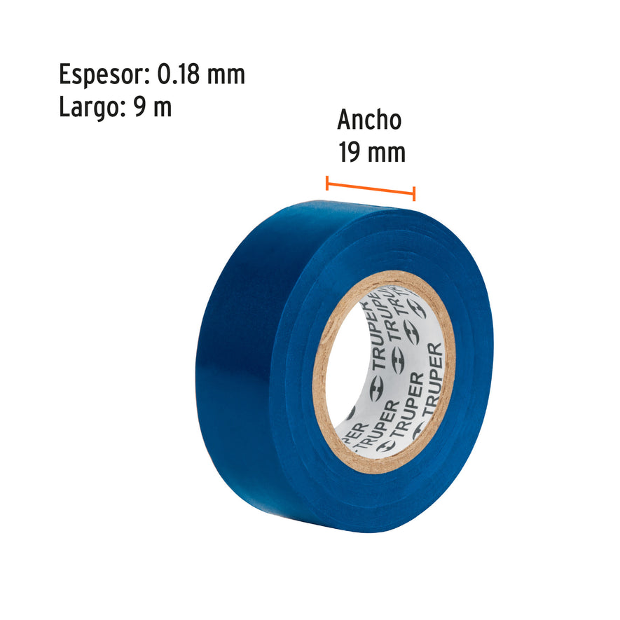Cinta de aislar de 9 m x 19 mm, azul, Truper Caja con 8, 13514