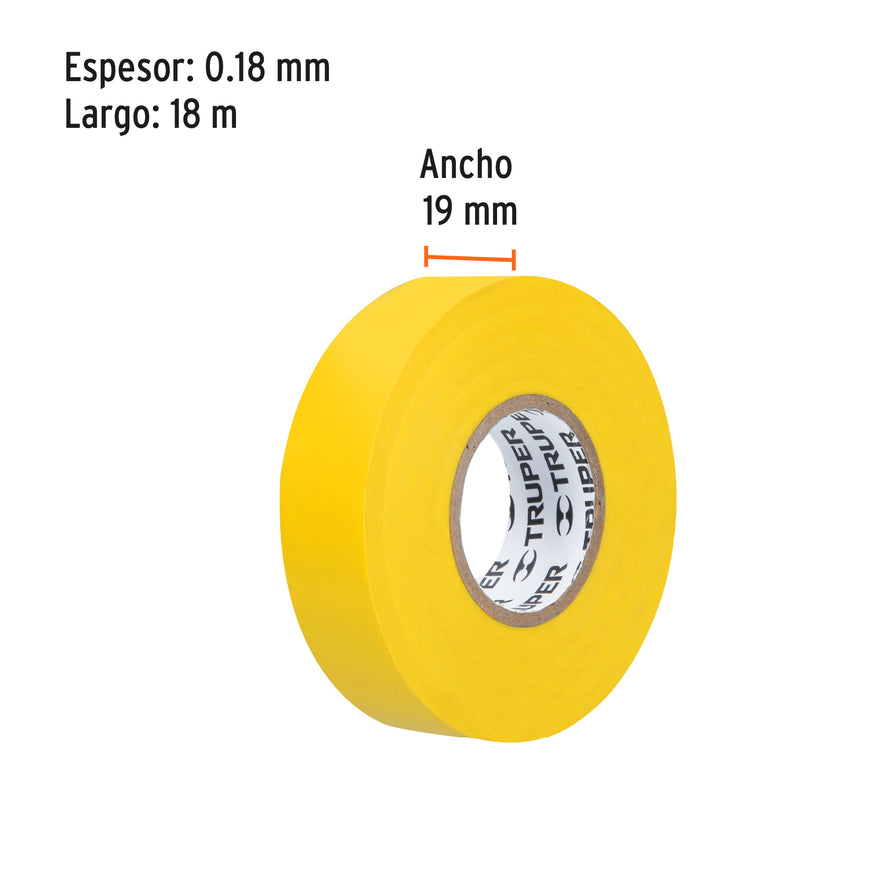 Cinta de aislar de 18 m x 19 mm, amarilla, Truper Caja con 8, 12503
