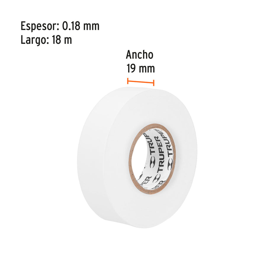 Cinta de aislar de 18 m x 19 mm, blanca, Truper Caja con 8, 12506