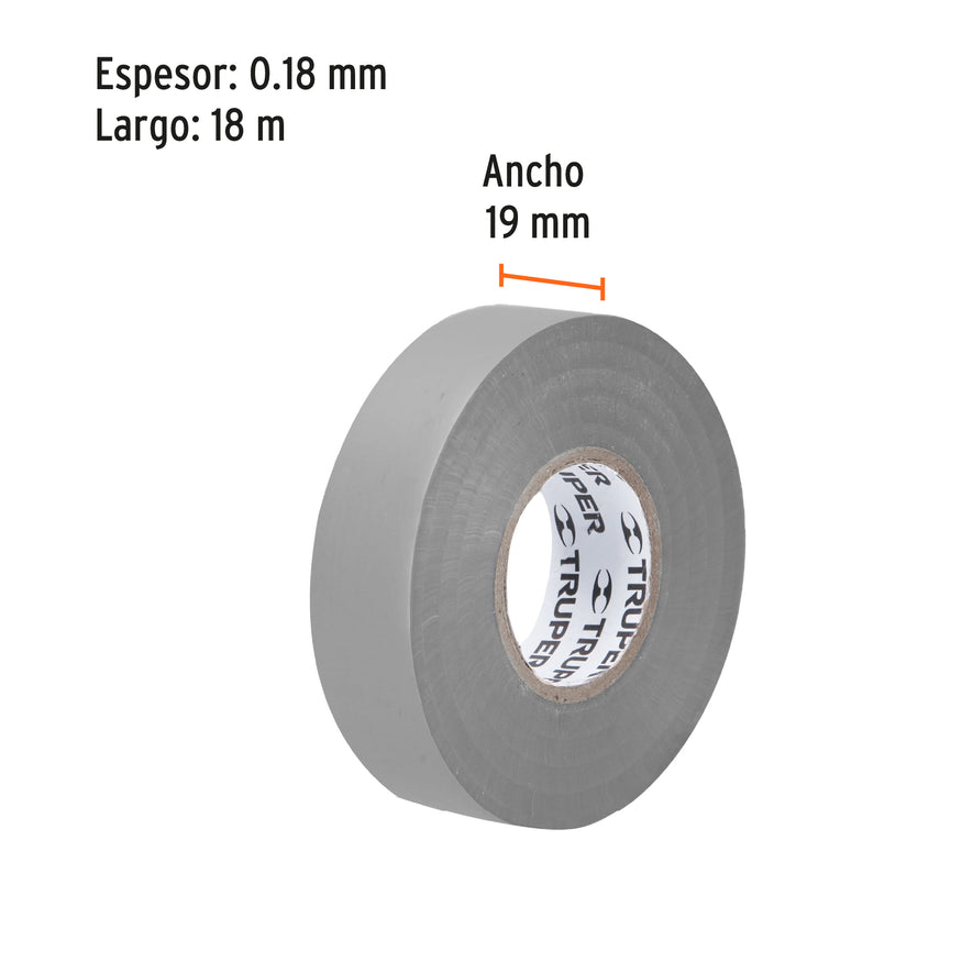 Cinta de aislar de 18 m x 19 mm, gris, Truper Caja con 8, 12507