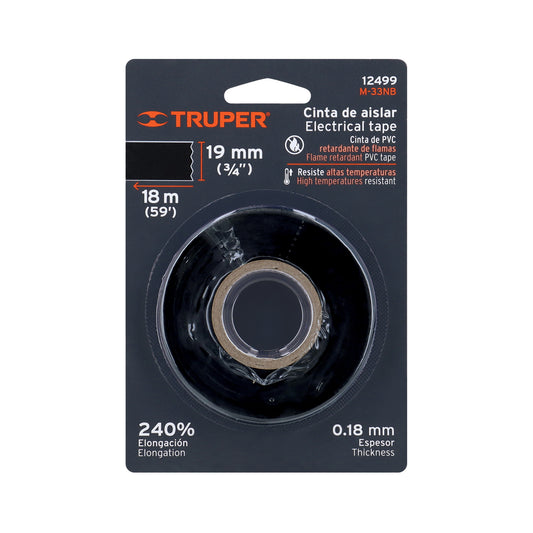 Cinta de aislar de 18 m x 19 mm, negra en blíster, Truper Caja con 8, 12499